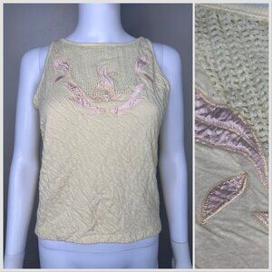 Vintage 1980s Crinkle Tank Top, Midnight Blues S/M, Mesh Insert, Satin Applique